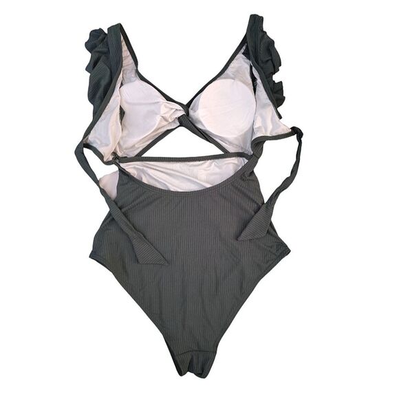 Charmo Green Ruffle Ribbed Pregnancy Cut Out One Piece Swimsuit Large - Picture 9 of 13